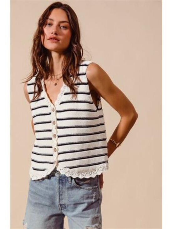 So Me Sweaters - SO ME Buttoned Front Stripe Texture Knitted Sweater Vest